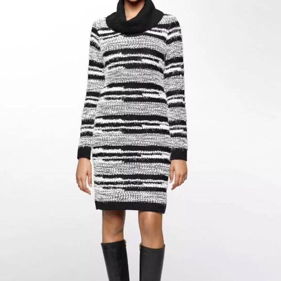 Calvin Klein Dresses & Skirts - Calvin Klein Sweater Dress Eyelash Chunky Knit Sheath Black White Cowl Neck Sz S